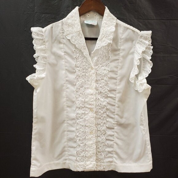 Vintage Stacy Stag Womens Eyelet Button Up Top Size L Office Edwardian Peasant - Picture 1 of 16